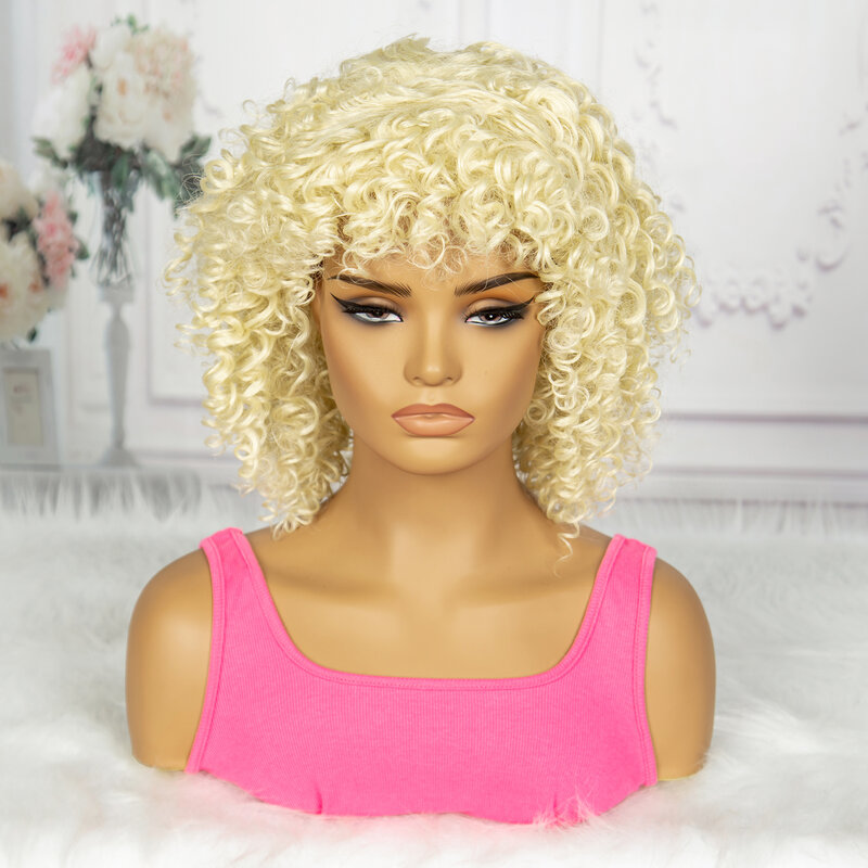Short Hair Afro Kinky Curly Wig With Bangs Synthetic Wigs For Black Women High Temperature
