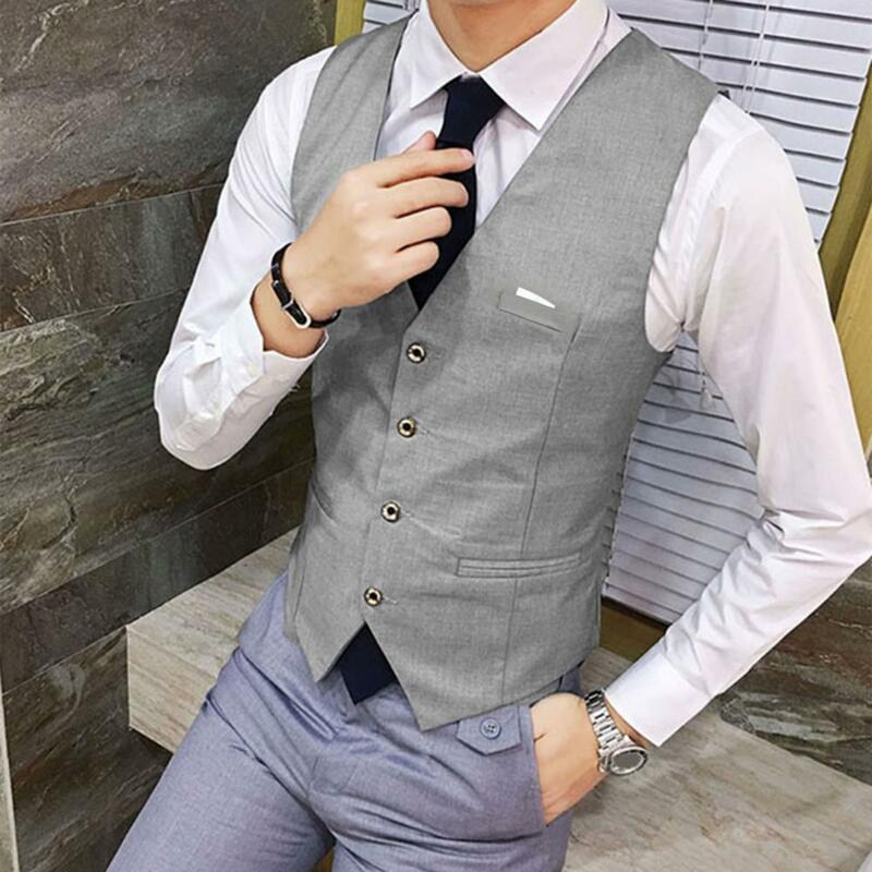 Men Formal Vest Fake Pockets Waistcoat Slim Fit V-neck Men's Suit Vest Formal Business Coat for Groom Wedding Single-breasted