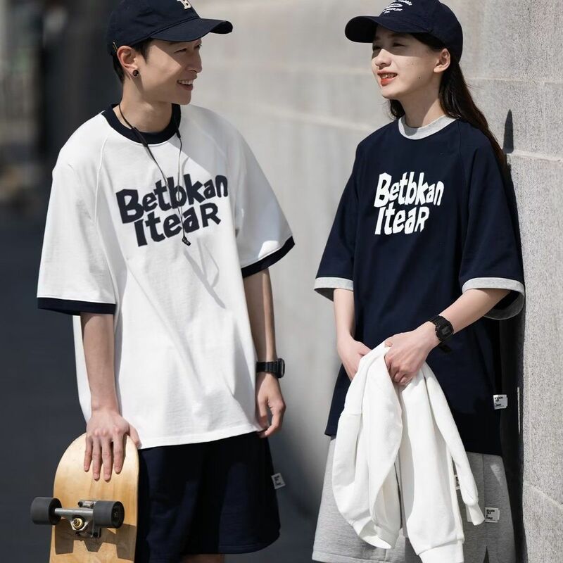 Camiseta de algodón con mangas raglán retro coreanas para hombres, camiseta de bloque de color suelto simple, tops de pareja de cuello redondo clásicos de calle de hip hop, verano, y2k