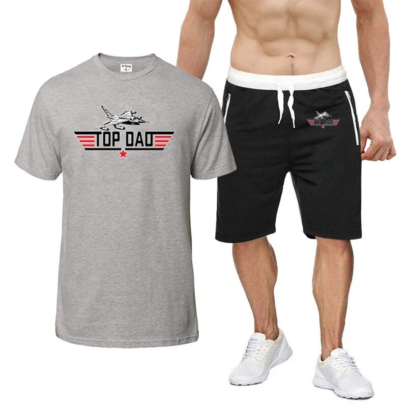 TOP DAD TOP GUN 남성용 반팔 캐주얼 티셔츠 및 반바지 투피스 세트, 편안한 8 색 인쇄, 여름 신상