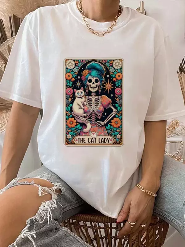 Thecat Lady Short Sleeved Tarot Brand Printed Clothing Fun Women's O-Neck Top Printed Style Printing Trendy Style Casual T-Shirt