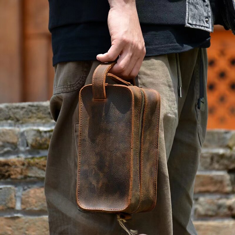 moto style handmade realleather gentlemen wash bag hand-made hand bag leather men's business bag versatile