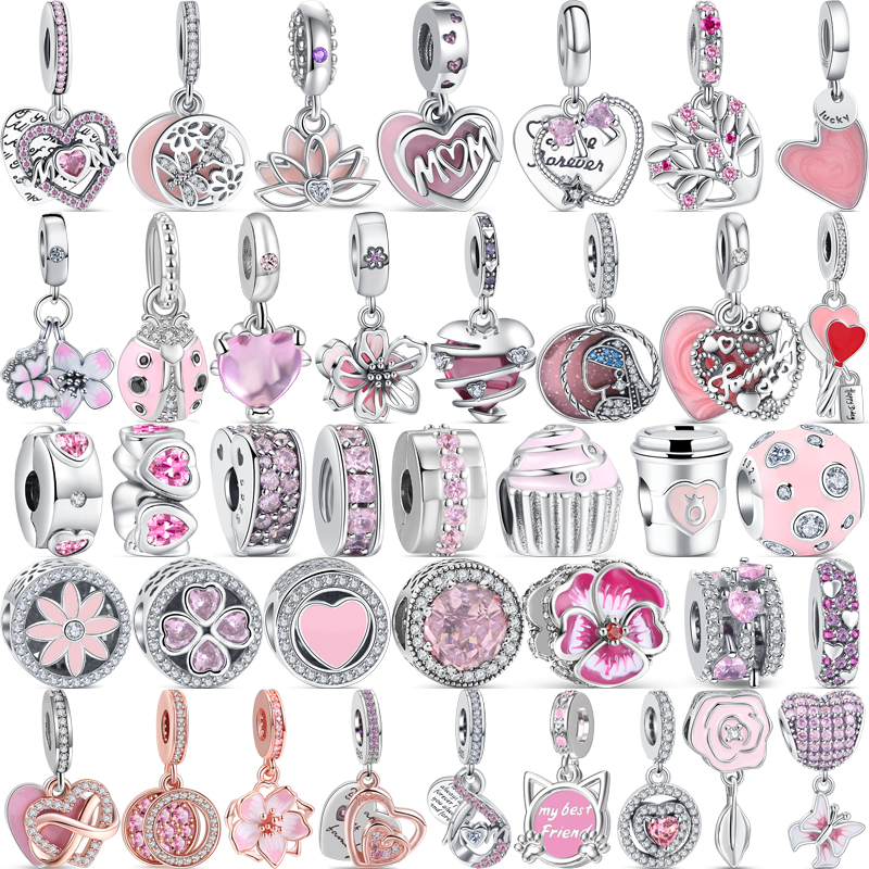 Abalorios de plata 925 para pulsera Pandora Original, cuentas de plata maciza, serie rosa, mariposa, flor, corazón, amigos, amor infinito, mamá
