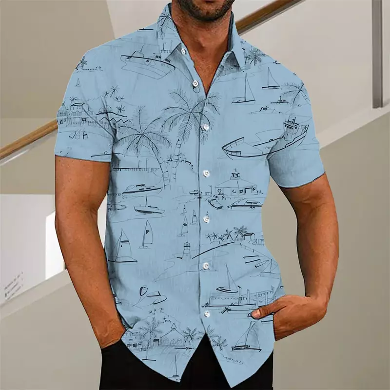 남성용 코코넛 트리 패턴 프린트 라펠 단추 셔츠, 야외 거리 반팔 단추 다운 프린트 의류