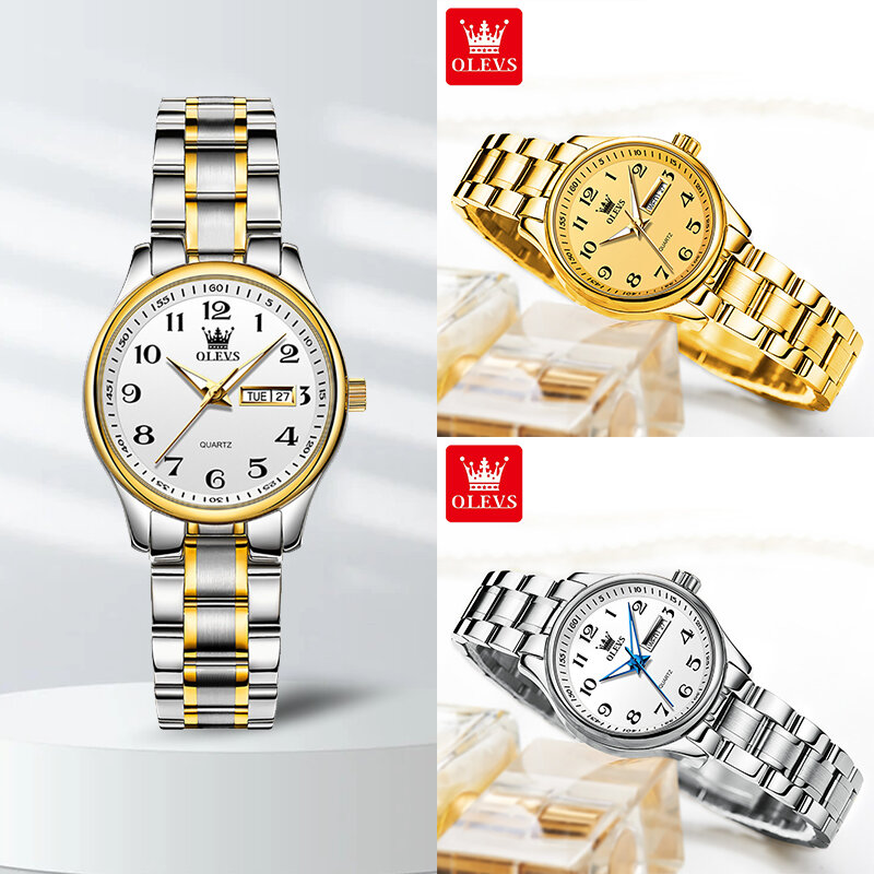 OLEVS-여성용 손목 시계, 오리지널 럭셔리 시계, 방수, 스테인레스 스틸, 쿼츠, 여성 손목 시계, 골드 2022 트렌드