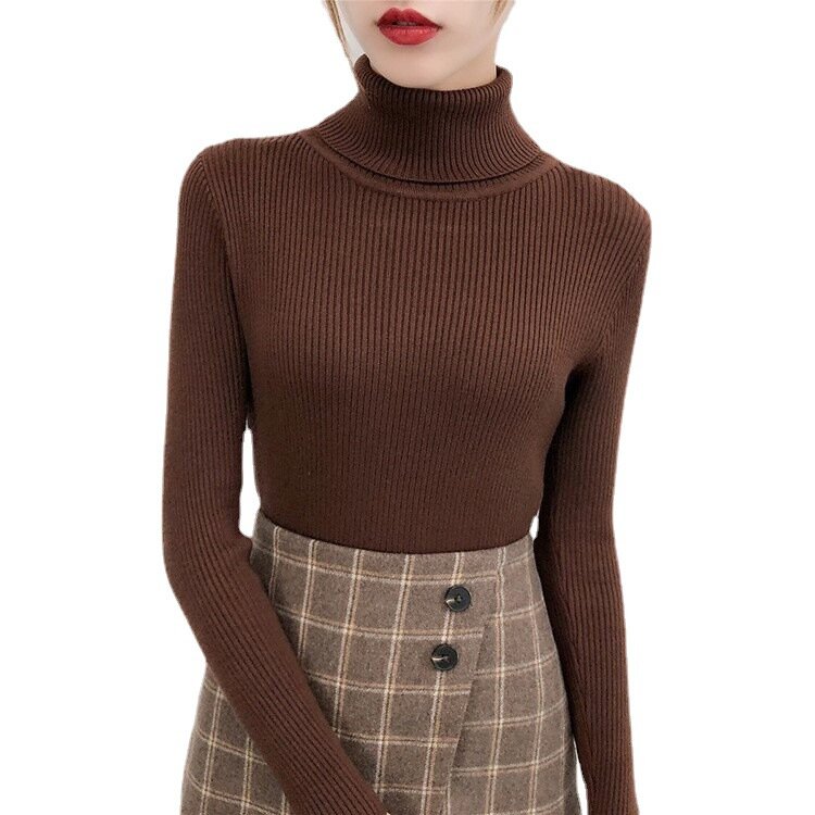 Женский свитер с высоким воротником, однотонный вязаный свитер на осень и зиму, модные облегающие свитера с длинным рукавом, вязаный пуловер, топы для дам
