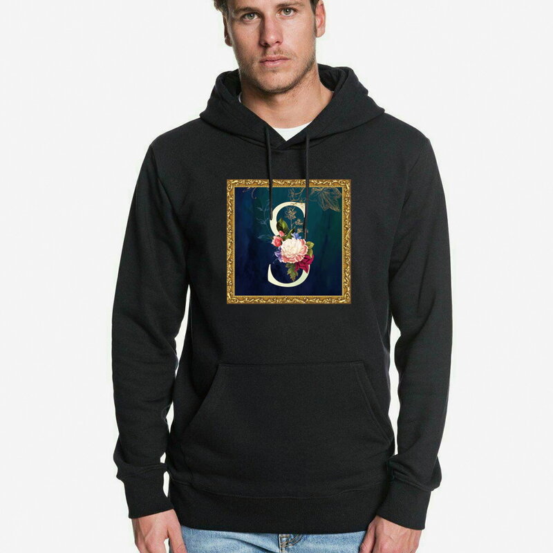 New Fashion Trend Men's Hoodie Loose Pocket Sweatshirt Casual Hip Hop Hoodie Sweatshirt Black Flower Series Printed Pattern