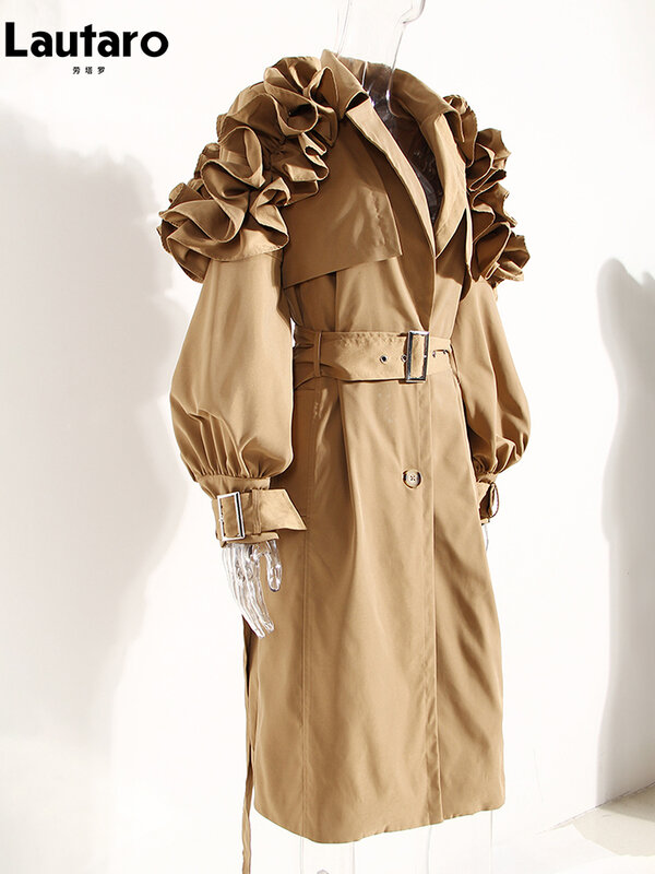 Lautaro wiosenne jesienne z długim rękawem czarny pasek płaszcz trencz dla kobiet Khaki elegancki szykowny stylowy luksusowy projektant ubrania na wybiegu