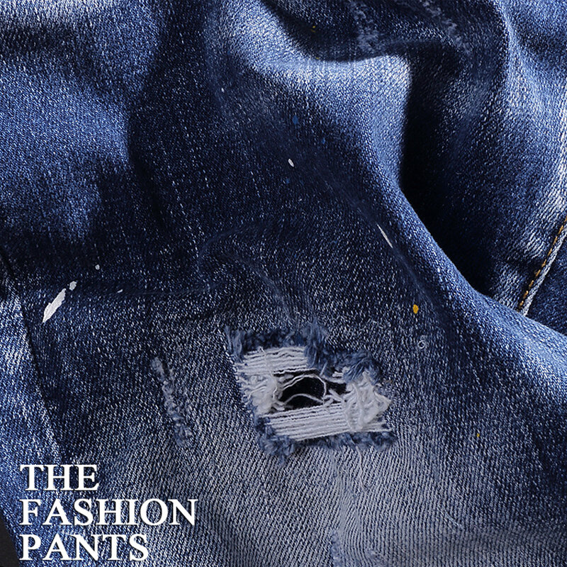 Główna ulica modne dżinsy męskie Retro sprany niebieski elastyczna rozciągliwa chudy krój porwane jeansy mężczyzn malowana designerska spodnie dżinsowe Vintage