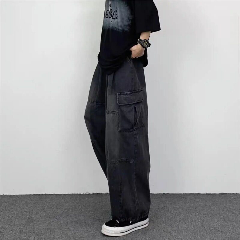 Mùa xuân và mùa thu cổ điển rộng chân lớn túi quần yếm nam Y2K trung tính lỏng thẳng chân giản dị đường phố hip hop jeans