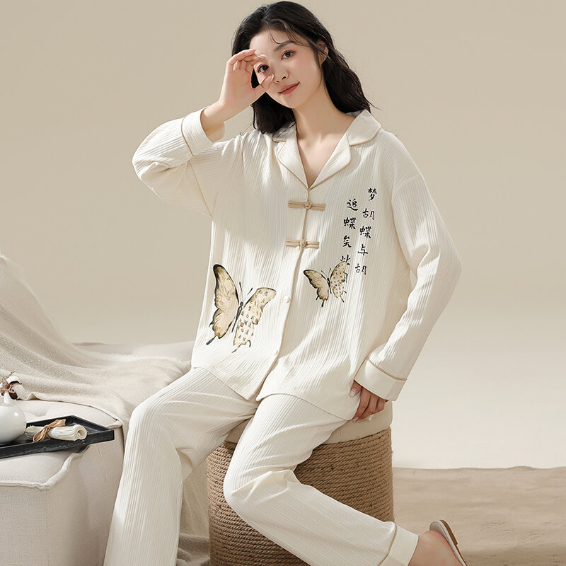 Conjunto de pijama de manga comprida feminino, pijama de algodão tricotado, pijama feminino, primavera e outono