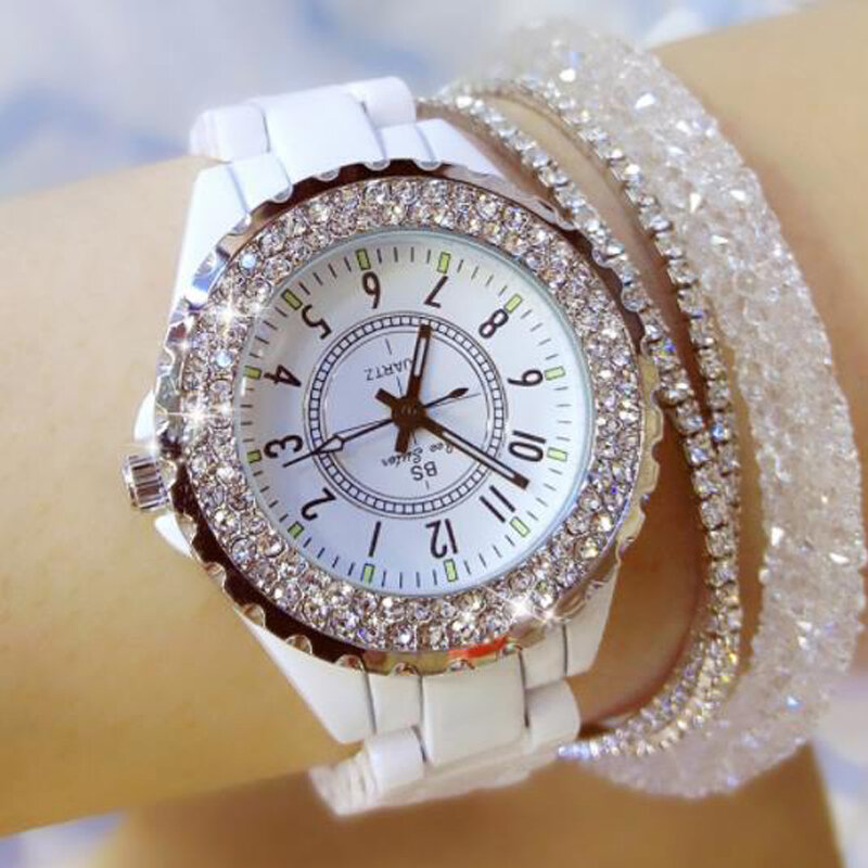 女性用クリスタルダイヤモンドセラミックウォッチ、ラディーズの高級時計、エレガントな時計、腕時計、2023