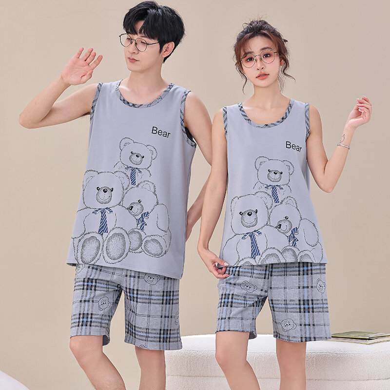 Couple's Pajama Sets M-4XL Summer Vest Pajamas Lovely Cartoon Sleepwear Cotton Pajamas For Women Short Top Pant Leisure Outwear
