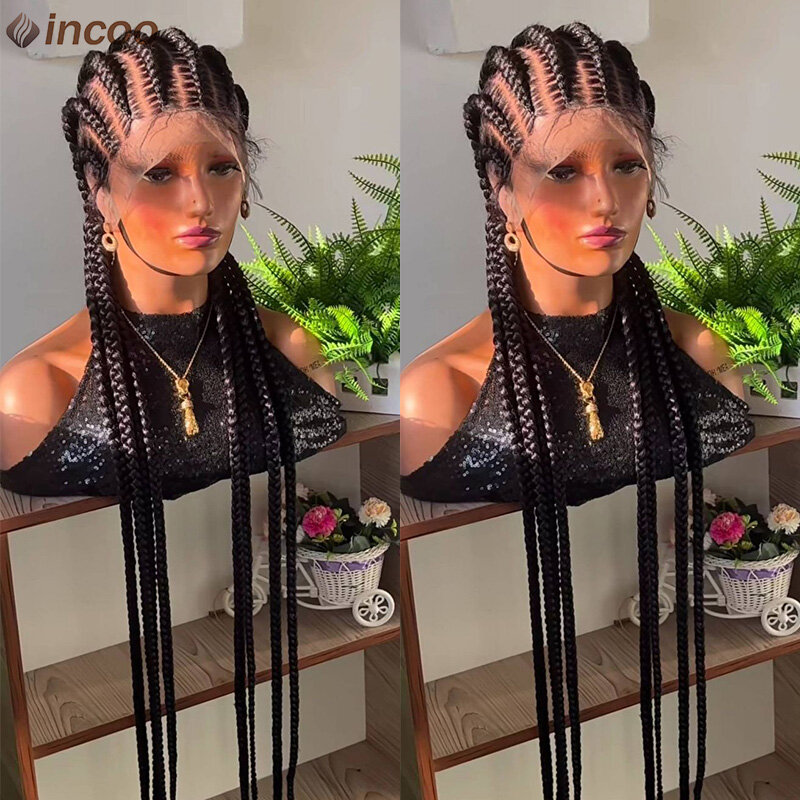 Incoo 36'' Synthetic Twist Braids Lace Front Wig With Baby Full Lace Frontal Cornrow Braided Wigs Afro Black Dutch Braided Wigs