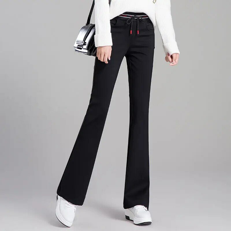 Black Colour High Waist Pockets Flare Pants Bright Line Decoration Red Drawstring High Strecth Leisure Full Length Spring Summer