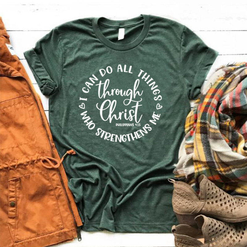 Mulheres Todas as Coisas Através de Cristo Graphic T-shirt, Roupa Cristã, Top Religioso, Camisas Fé