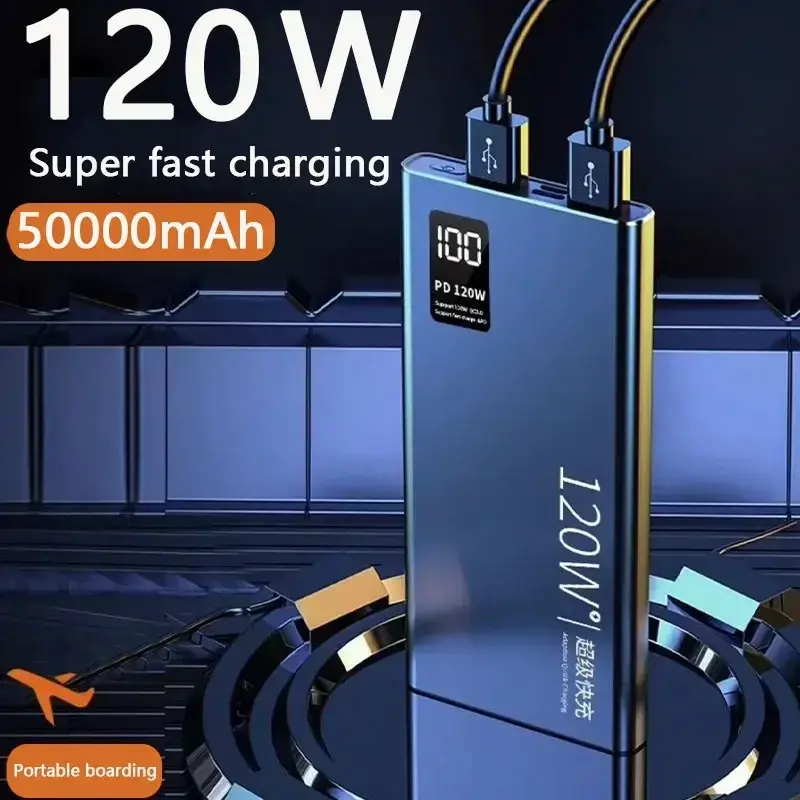 Banco de energía de alta capacidad, cargador de batería portátil de 120W, 50000mAh, para iPhone, Samsung y Huawei