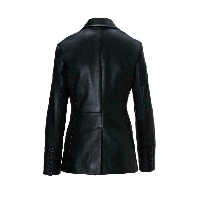 Abrigo de traje de cuero negro para mujer, piel de oveja suave verdadera, moda superventas, tendencia de moda europea y americana