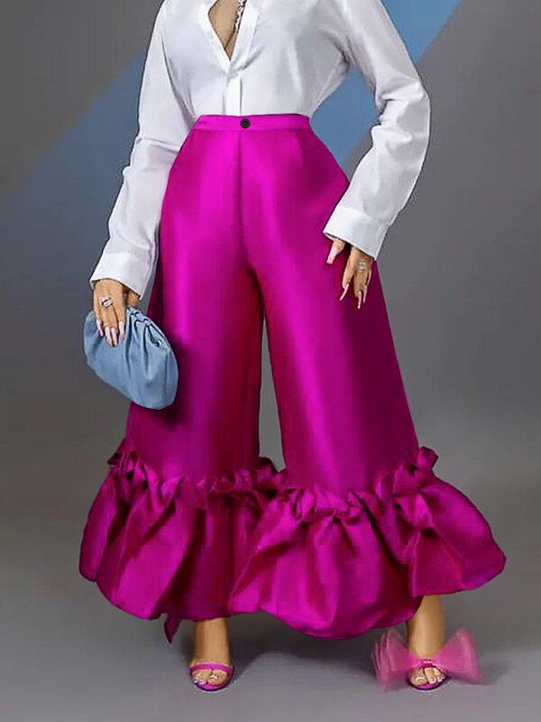 플러스 사이즈 느슨한 바지 가을 솔리드 프릴 클럽 바지 숙녀 높은 허리 플레어 바지 2022 패션 Bodycon 도매 옷
