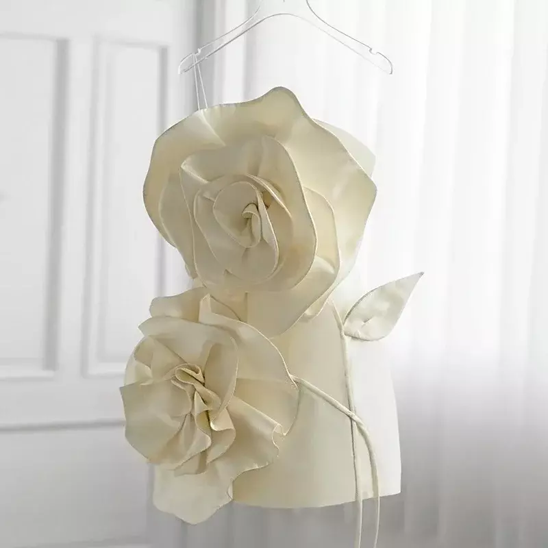 Gaun Prom wanita putih gaun pesta Mini pendek seksi jubah pakaian kerja Bisnis wanita kantor Formal bunga 3D