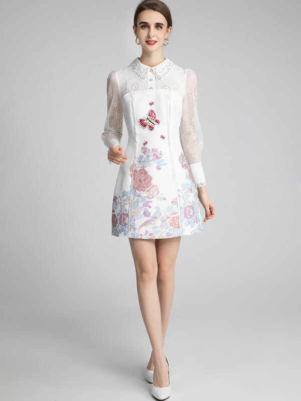 2023 Runway Jacquard Spring Women Peter Pan Colla Beading Lantern Sleeve Flower Print Elegant Party Dress