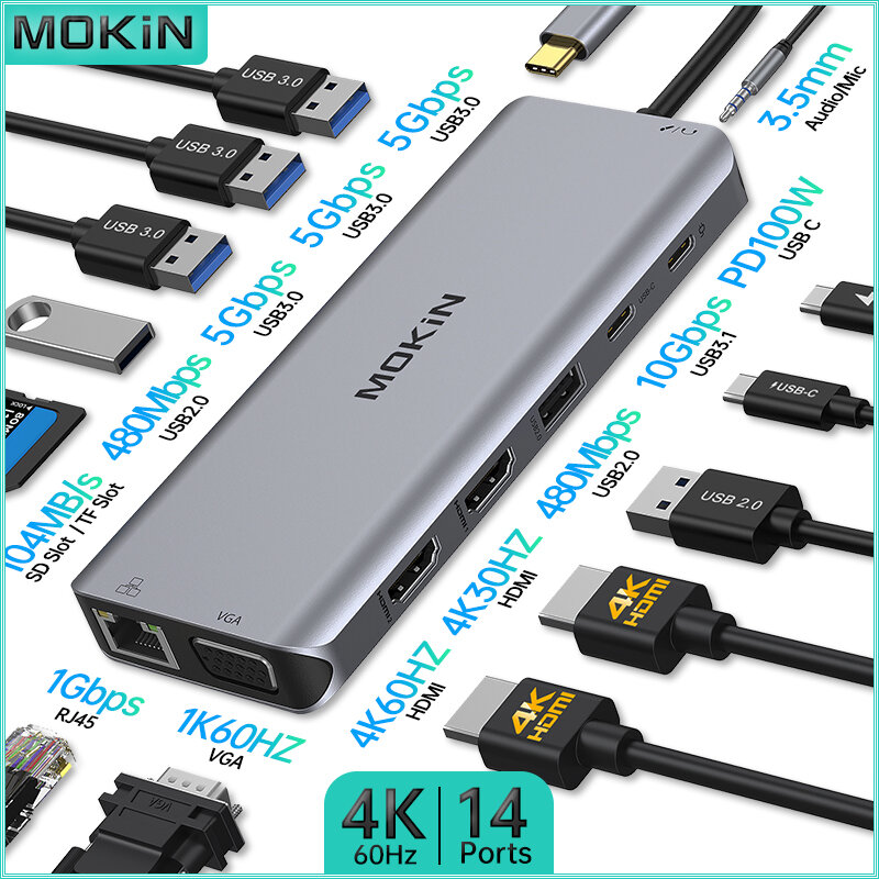 MOKiN Stacja dokująca USB-C Hub do MacBook Air/Pro, iPad M1/M2, Laptop Thunderbolt - Cechy HDMI 4K, DP, 100W PD, SD/TF, RJ45