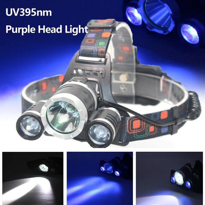 Lampu depan UV putih UV395nm, lampu depan ungu 4 mode senter kepala untuk mendeteksi, kucing dan hewan peliharaan dan noda pada lampu karpet