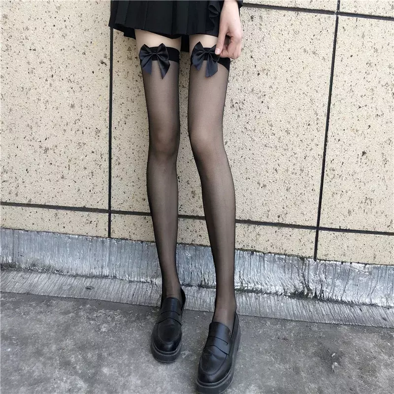 JK Lolita Nylon Stockings Women Sweet Girls Thigh High Long Socks Japanese Style Kawai Cute Bowknot Summer Thigh High Stockings