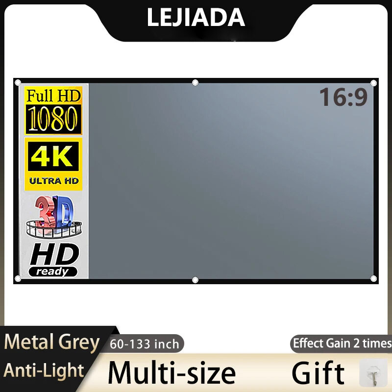 LEJIADA 금속 회색 빛 방지 16:9 프로젝터 스크린, 구멍이 있는 휴대용 블랙 테두리, 집 야외 프로젝션 스크린, 60-133 인치