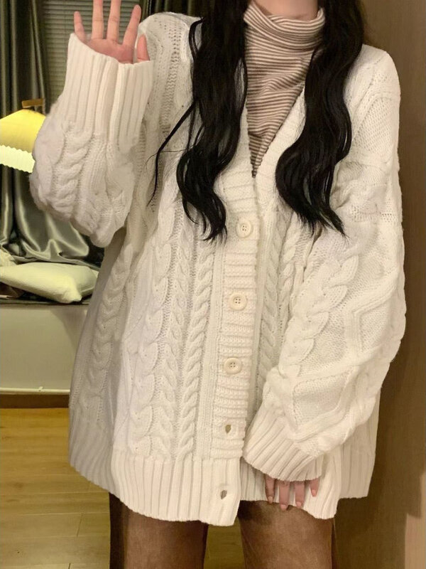 V-neck Knitted Cardigans Women New Winter Basic Solid Preppy Soft Streetwear Ulzzang Harajuku Simple All-match Loose Ins Fashion