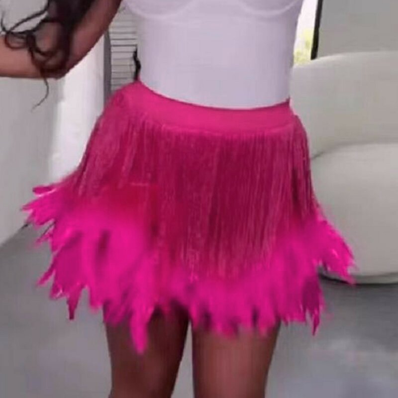 Faldas sexys para mujer, falda con borde de paraguas, versátil, de cintura alta, con borla de plumas, 2024