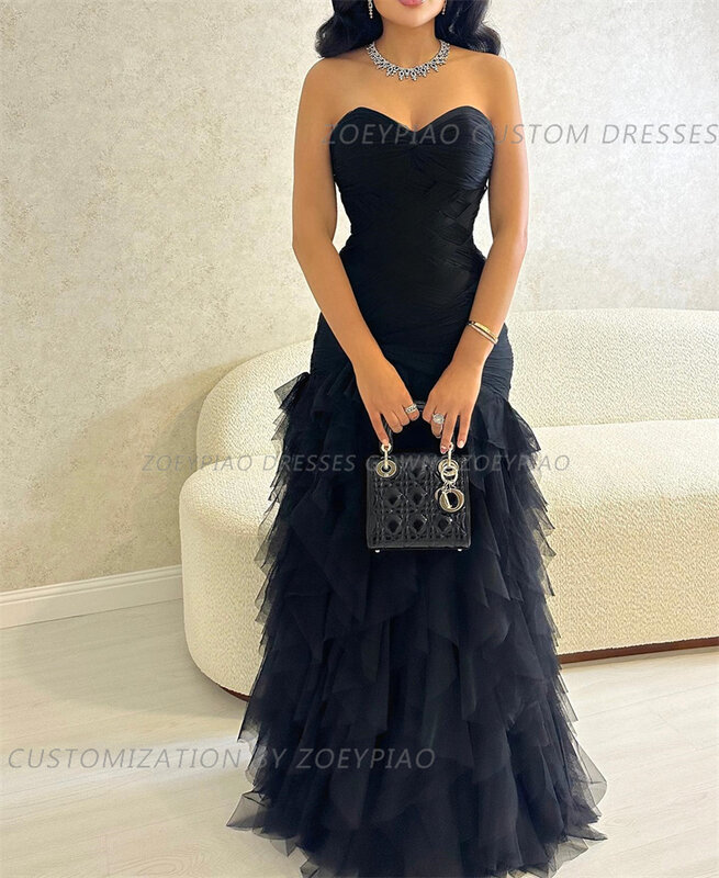 Gaun pesta hitam tanpa lengan berjenjang dengan gaun malam Formal pesta dansa ketat dibuat sesuai pesanan berlapis rumbai