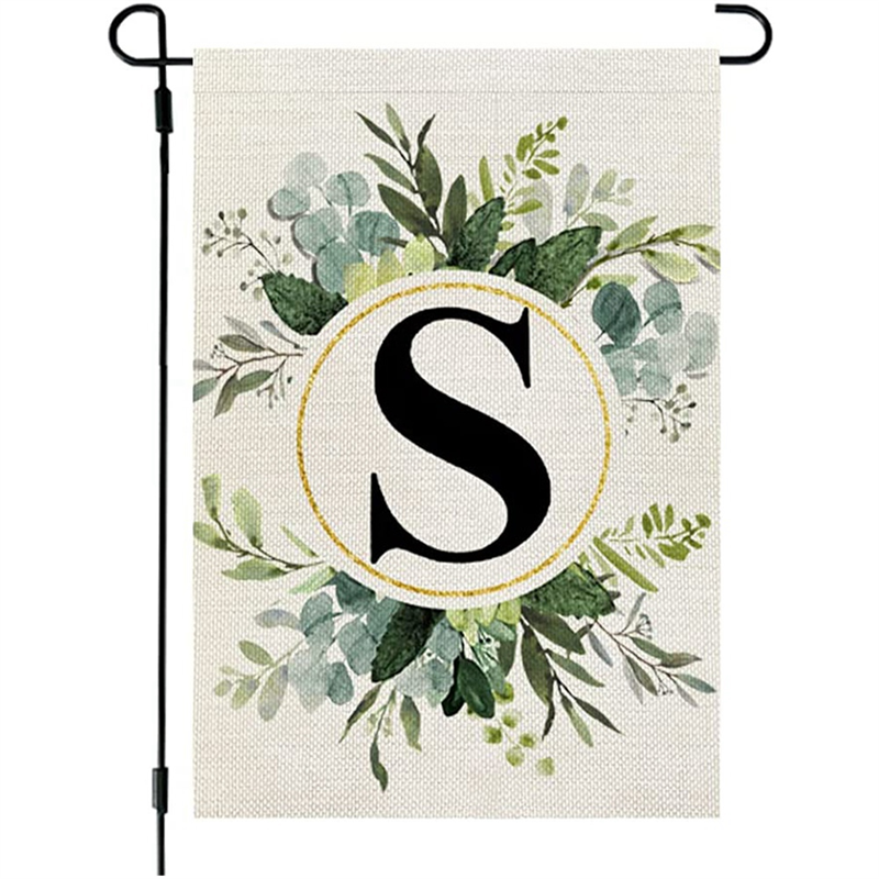 Letras do monograma S Bandeira do jardim, floral, dupla face para fora, serapilheira pequena, família, sobrenome, quintal inicial