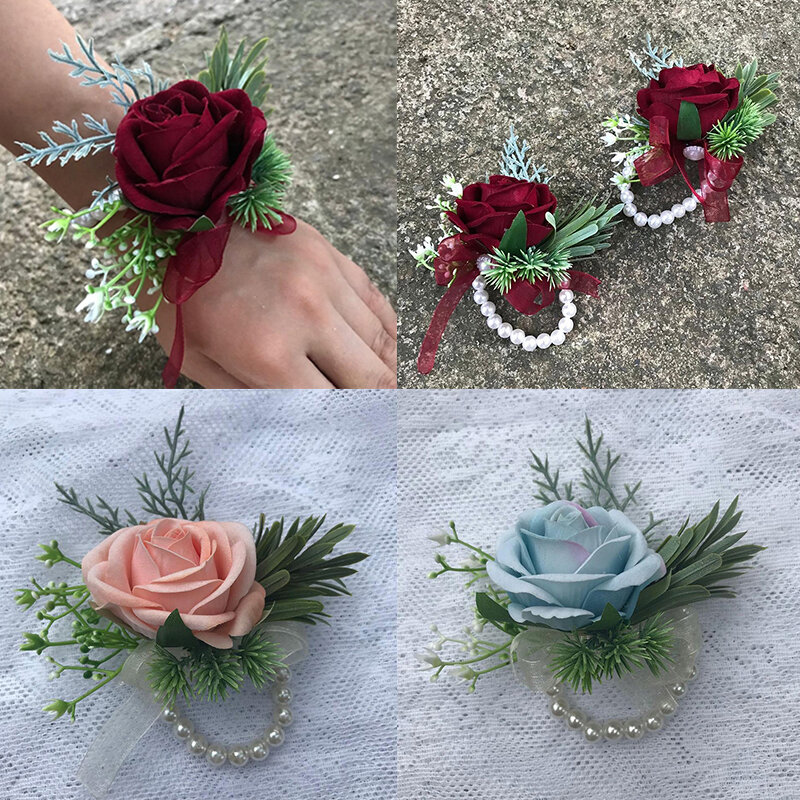 1PC Rose Pearl Breast Flower Wrist Flower Wedding Bracelet Bridesmaid Wrist Corsage Artificial Hand Flowers Wedding Accessories