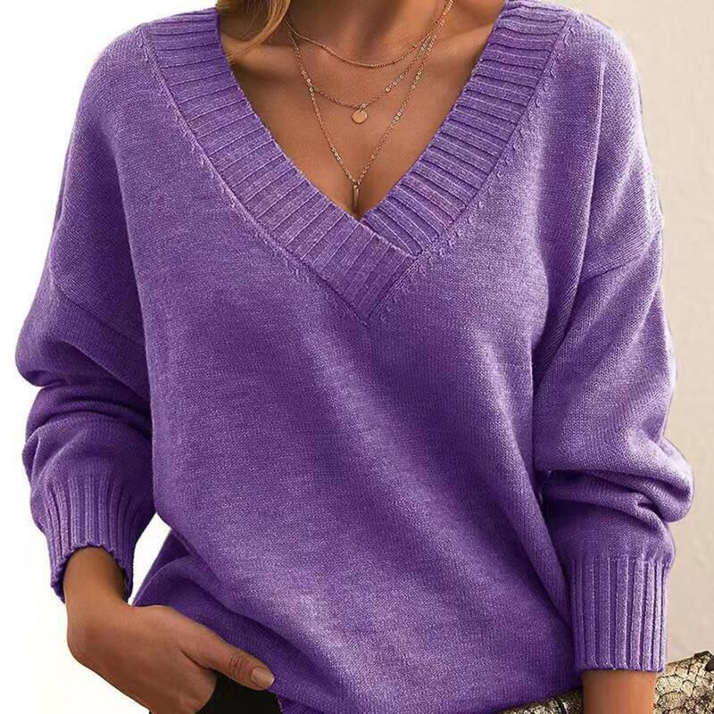 Suéter feminino monocromático com decote em v, malhas soltas, pulôver de malha, suéter longo casual, blusa oversize, roupas femininas hipster, suéter quente