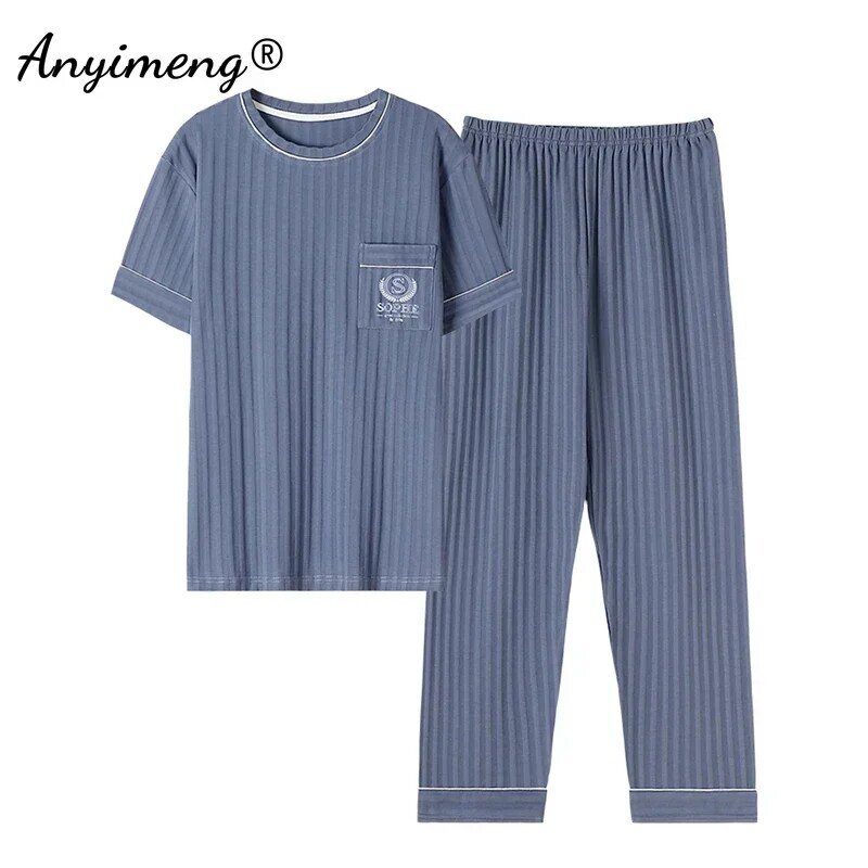 Pakaian Tidur Musim Panas Pria Mewah Ukuran Plus Set Piyama Katun Rajut Celana Panjang Lengan Pendek Mode Elegan Pakaian Tidur Santai Pria