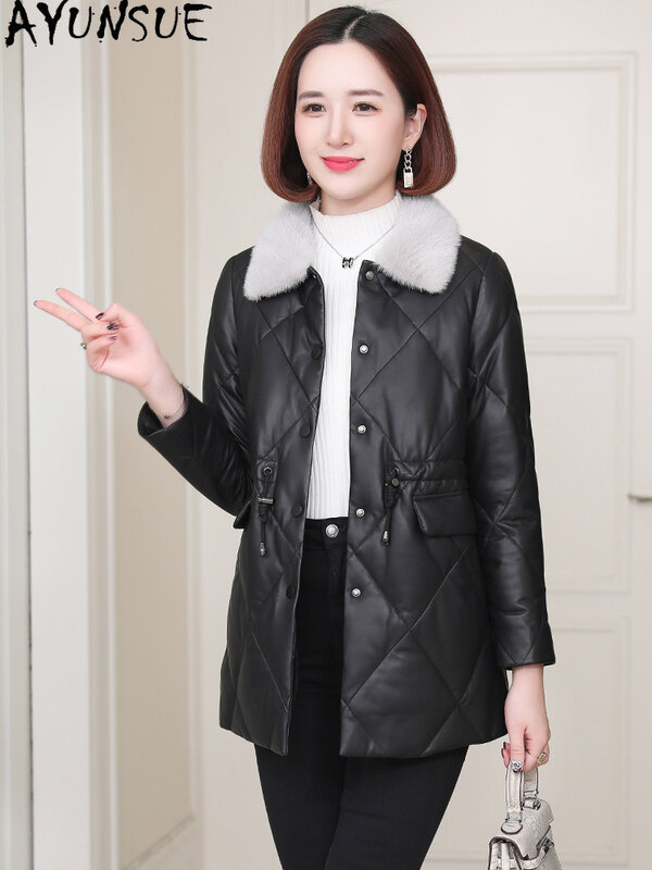 AYUNSUE Real Leather Down Jacket Women Winter 2023 Mid-length Elegant Genuine Sheepskin Coat Mink Fur Collar Black Down Coats