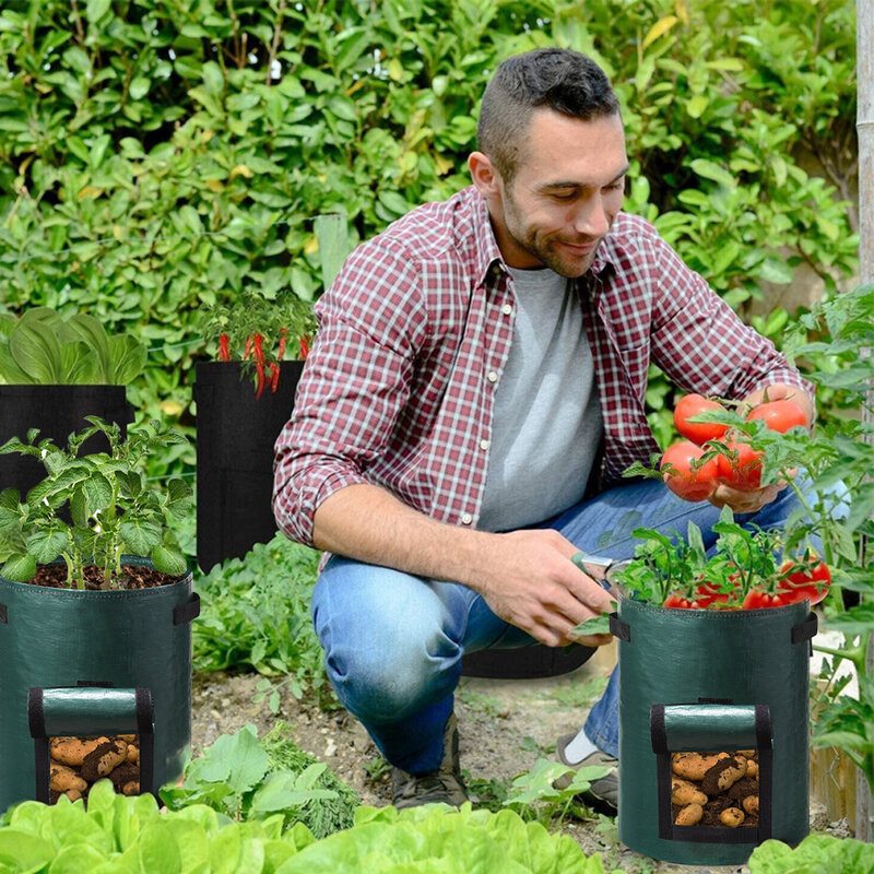 Pot taman luar ruangan, kantong penumbuh kentang PE penumbuh sayuran dengan pegangan tebal tas penumbuh sayuran bawang alat tas tanaman