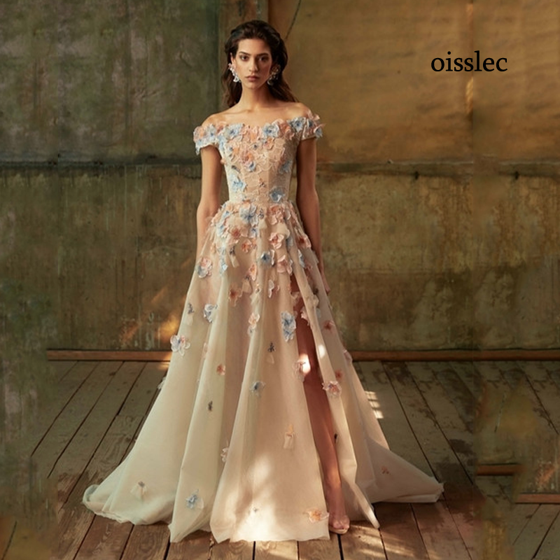 Oisslec Evening Dress Floral Appliques FloProm Dress Splits Fromal Dress Tulle Celebrity Dresses Zipper Up Party Gown Customize