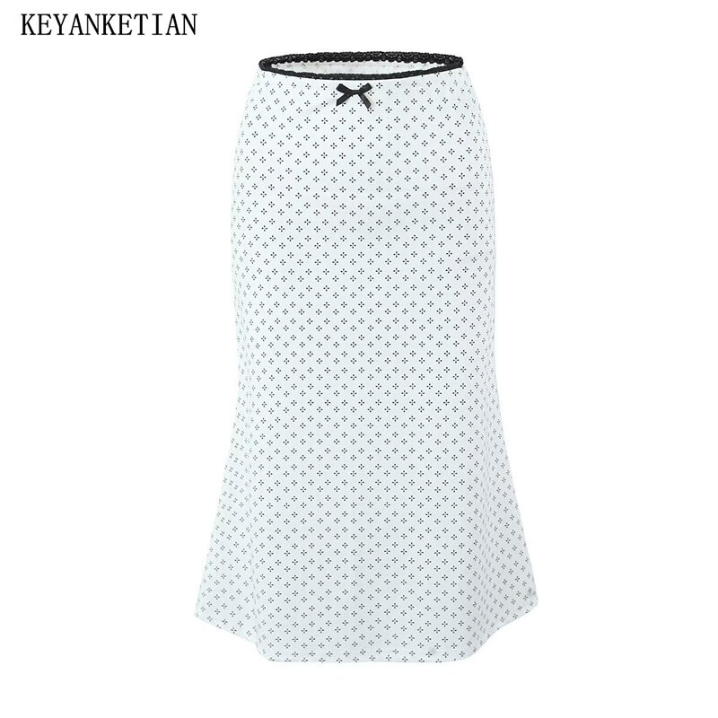 KEYANKETIAN 2024 New Launch Women's Bow Lace Decoration Elastic Waist Floral Skirt Holiday wind Mid-length A-line Fishtail Skirt