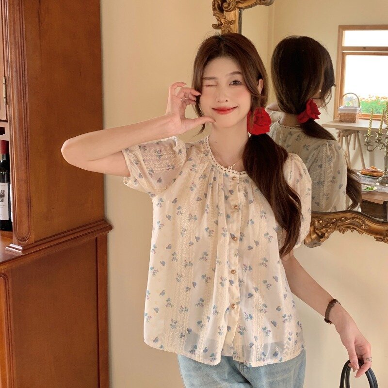 Женская рубашка с круглым вырезом, кружевная свободная приталенная блузка с цветочным принтом, с круглым вырезом, лето 2024
