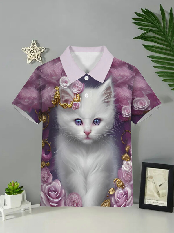 قمصان بولو بنمط قطة لطيفة للأطفال ، ياقة مطوية لأسفل ، بولو للفتيات والفتيان ، تي شيرت ملون ، بلوزة صيفية