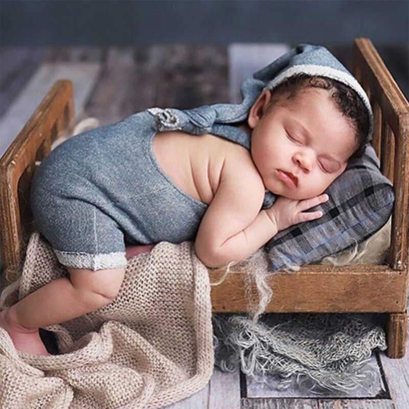 2Pcs Newborn Strapped Pants with Hat Photography Props Set Soft Knotted Beanie Cap & Overall Pants for Baby Photoshoots