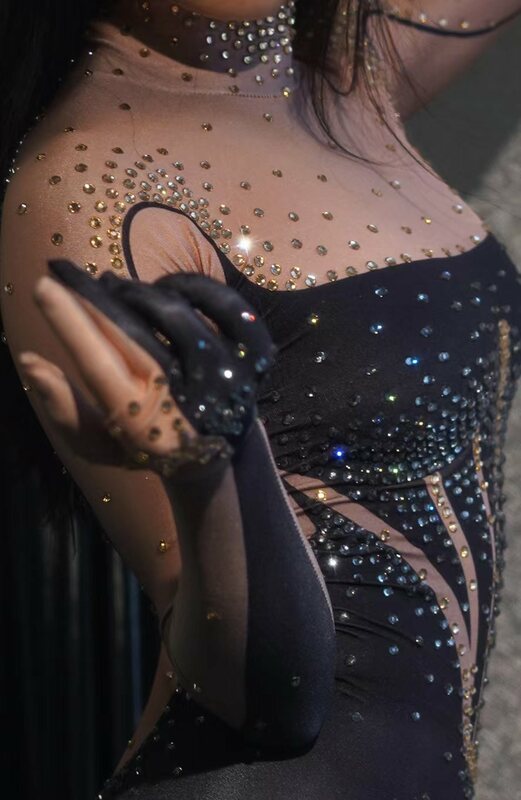 Romper klub elastis spandeks berlian berkilau dengan sarung tangan pakaian wanita seksi untuk pakaian pesta klub malam Bar gaun musim panas Dress