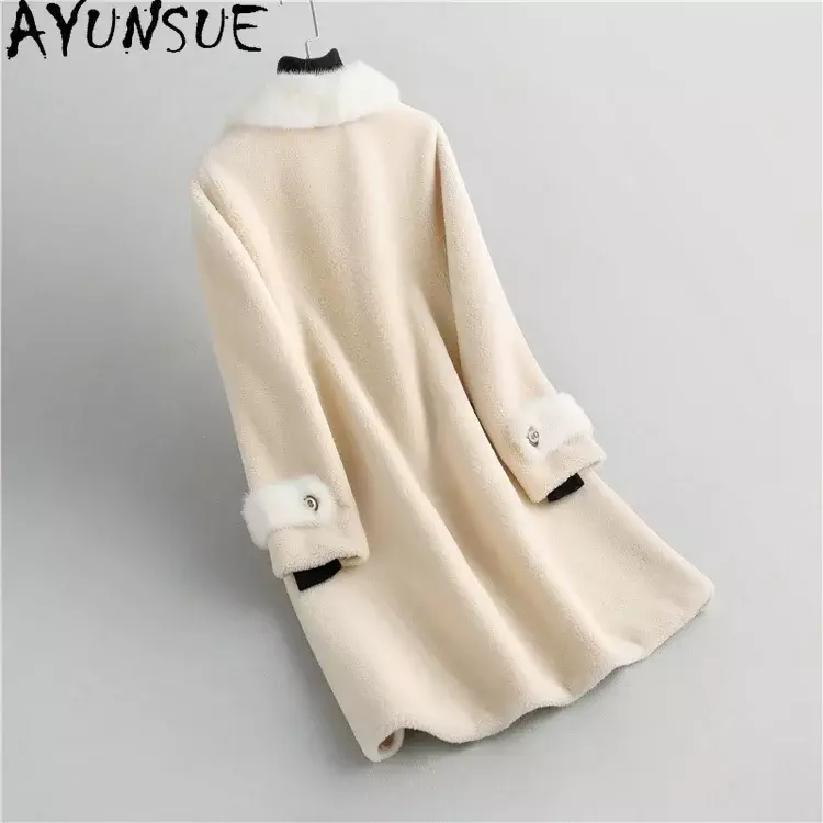 AYUNSUE 100% Wool Coats for Women Mid-length Sheep Shearing Jacket Mink Fur Collar Elegant Granular Wool Coat Jaqueta Feminina