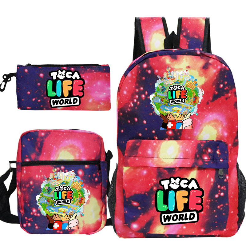 Toca Life World Schoolbag para crianças, Mochila dos desenhos animados fofa para crianças, Mochila escolar para meninas Mochlia Toba Boca, Conjunto 3pcs