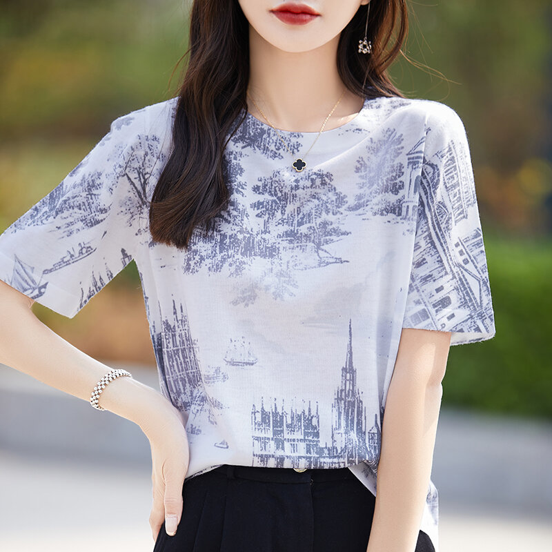 Summer New Women's Round Neck Fashion Wool Mulberry Silk Knitted Sweater Half Sleeve Loose Short Sleeve Bottoming Shirt Thin