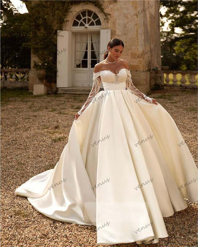 Gaun pernikahan Modern gaun pesta Satin model A-Line jubah pengantin bahu terbuka panjang lantai lengan penuh Vintage Vestidos De Novia