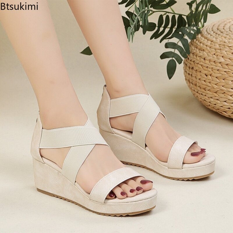 New Wedge Sandals for Women 2024 Summer Fashion Cross-strap One Word Roman Shoes Ladies Chunky Soled Back Zip Peep Toe Sandalias