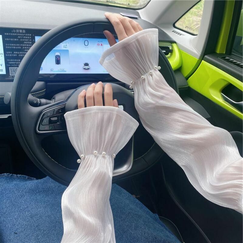 Lace Ice Silk Sleeves Gloves Shiny Pearl Summer Sunscrean Sleeves Cycling Sleeves Anti-UV Driving Arm Sleeves Sun Protection